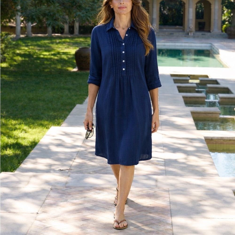 Russ Berens Navy Blue Linen Midi Dress 3/4 Sleeve Button Up Sz S Quiet Luxury